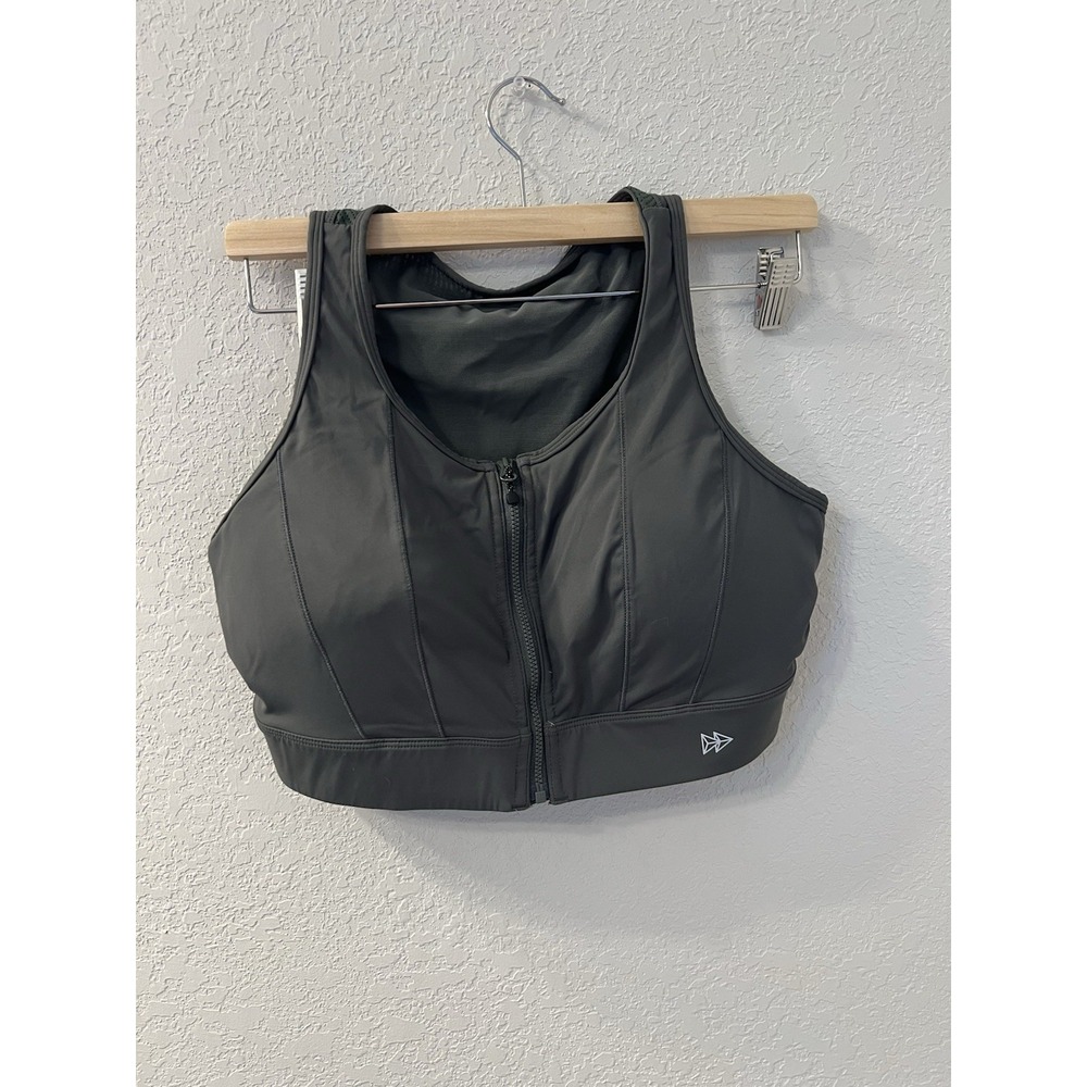 Yvette Womens Front Zip Padded Green Sports Bra Size XL